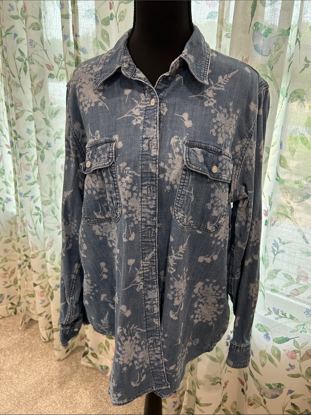 Denim Floral Print Long-Sleeve Shirt